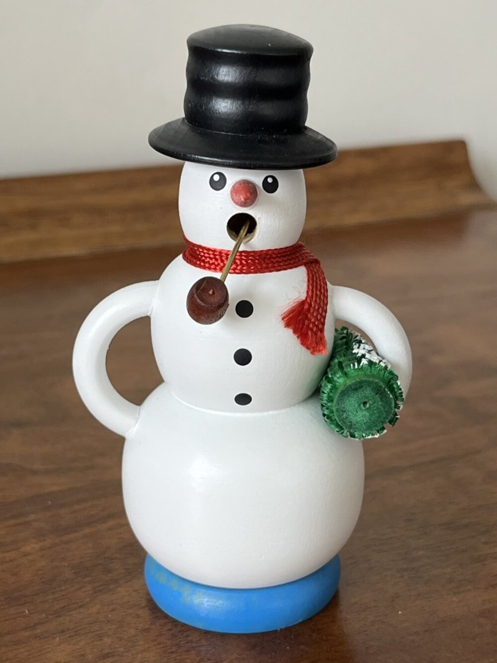 Vintage Erzgebirge Snowman Smoker 4.25" Wooden Christmas Figurine Germany Tree